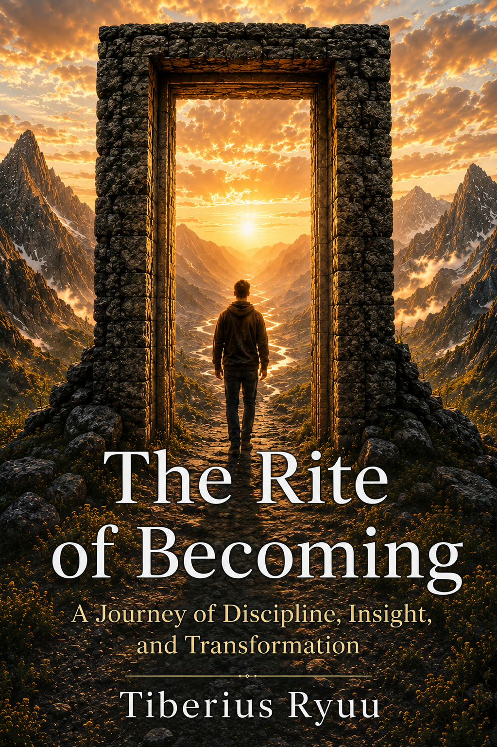 Book cover image for The Rite of Becoming book. Man walking through the threshold of and archway in a mountain landscape.